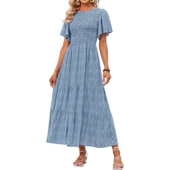 Women Blue Summer Casual Floral Print Short Flutter Sleeve Crew NeckMaxi Dres